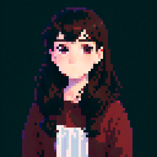 portrait, sprite art, young woman, dark eyes, dark hair, shy girl, awkward, cute, soft eyes, autistic, cozy, shy, timid, stardew valley
