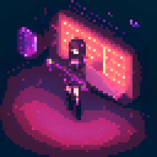 Street Mage anime girl with flowing hair, fluorescent tattoos, and a pixelated sniper rifle, navigating through a purple neon-lit night market and an sRGB glow