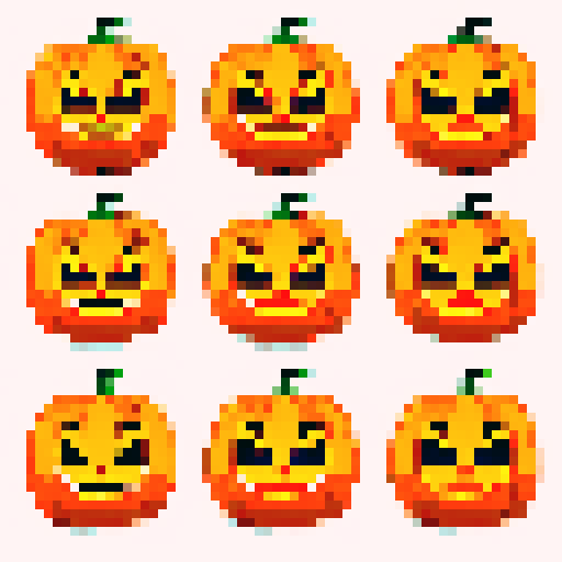 cartoon pumpkin faces with expressive eyes and quirky grins, rendered in vibrant pixel art with a rich sRGB color palette