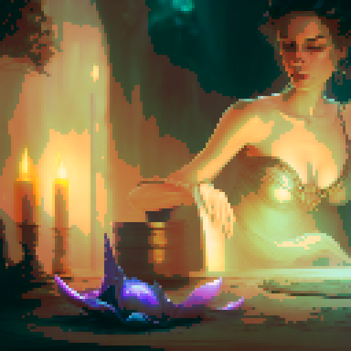 A close-up of a woman's hands over a table during a tarot card reading in a medieval dark style. The table is adorned with elements of the ocean such as sea shells, sand, and small pieces of coral. The atmosphere is mystical and dimly lit, with candlelight casting shadows that enhance the eerie and magical mood. The woman's hands are gracefully poised over the cards, which also have oceanic designs like waves and mermaids.