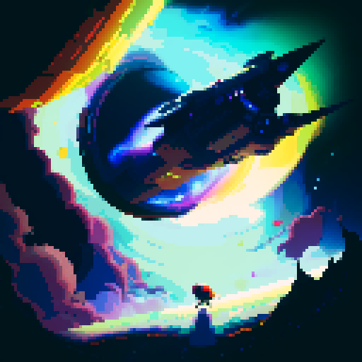 spaceship, sideview, vibrant galaxy, swirling nebulas, twinkling stars, pixel art, srgb