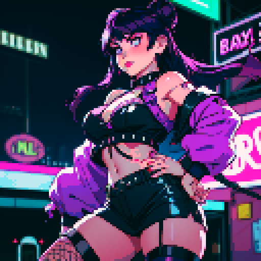 Thicc, curvy, busty goth babe with studded collar, long purple hair in buns, fishnet stockings, studded halter top, posing in neon bar for photo. neon signage, sRGB