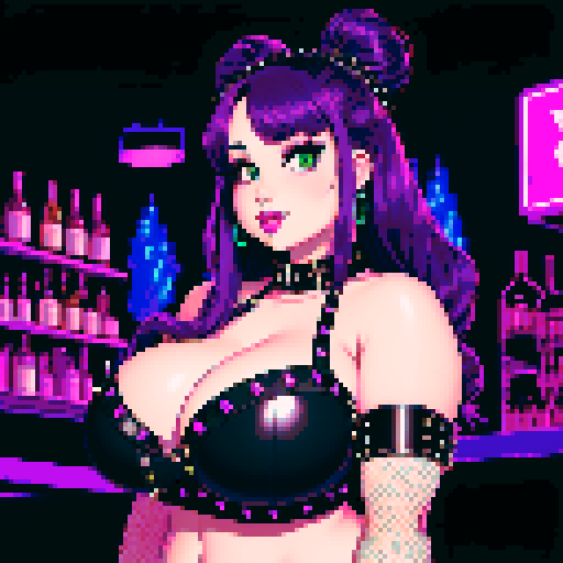 Portrait of Thicc, curvy, busty goth babe with studded collar, long purple hair in buns, fishnet stockings, studded halter top, bartending at nightclub, neon signage. pixel art, sRGB.