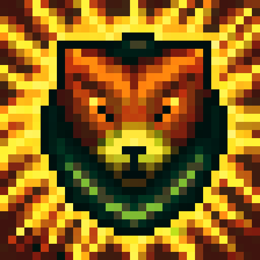 Close-up of a mischievous, orange tabby cat with lighter orange stripes, rendered in skillful pixel art with a game icon style