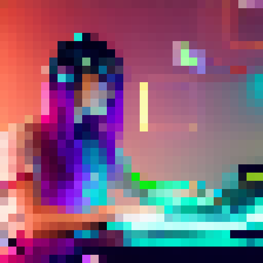 Neon-haired hacker girl, lit by flickering screens, surrounded by wires, chips, and circuit boards, as she types furiously on a retro keyboard in a glitchy, vaporwave-filled room.