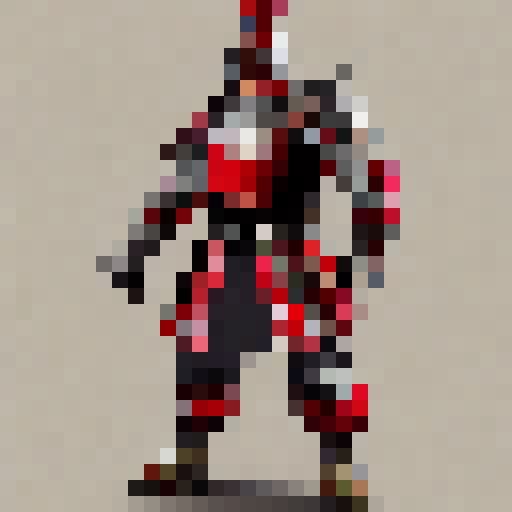 a knight, in red armor, side view, walking