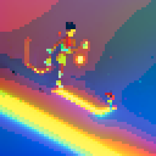 Ekko dashes across the pixelated rooftop, vibrant sRGB colors illuminating his futuristic outfit as he leaps over obstacles and outruns his enemies.