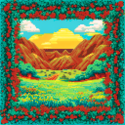 Rolling hills of golden grass, dotted with vibrant wildflowers and framed by a clear blue sky, stretching out into the distance in a pixel art style