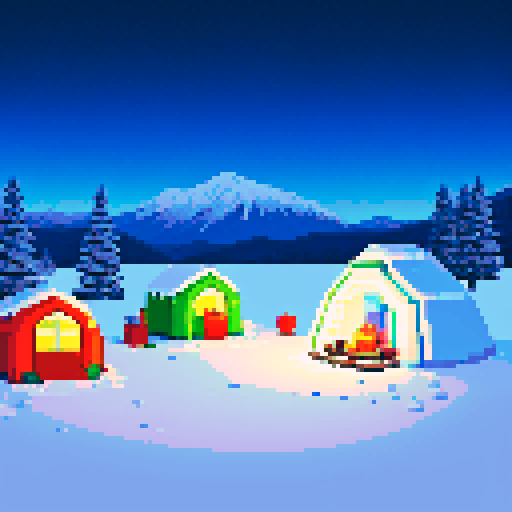 snowy mountain range, igloo, campsite, cold, pixel art, sRGB, winter christmas themed