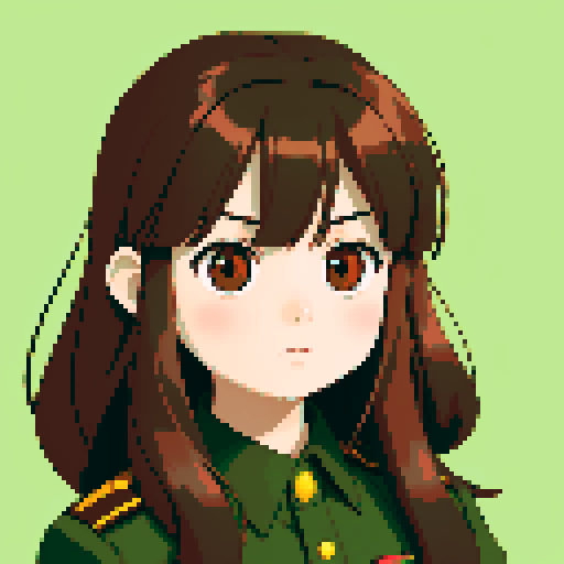 young girl, large round eyes, soft long hair, innocent expression, brown hair, brown eyes, wearing combat green army uniform, upper body close-up, transparent background, clean and detailed, game icon, centered composition