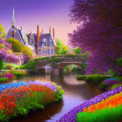 Create a pixel art of Kasteel Keukenhof, featuring vibrant tulip gardens, a flowing river nearby, a moat with a drawbridge, and a clear blue sky overhead.