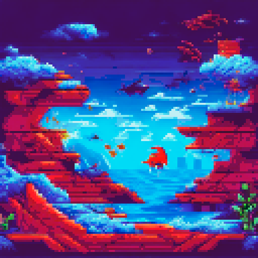 vertical underwater scene, bright fish fleeing, trawl chasing, fish hooks, sea mines, nests, fishing boat launching hooks, bright, sunny, atmospheric, pixel art, sRGB