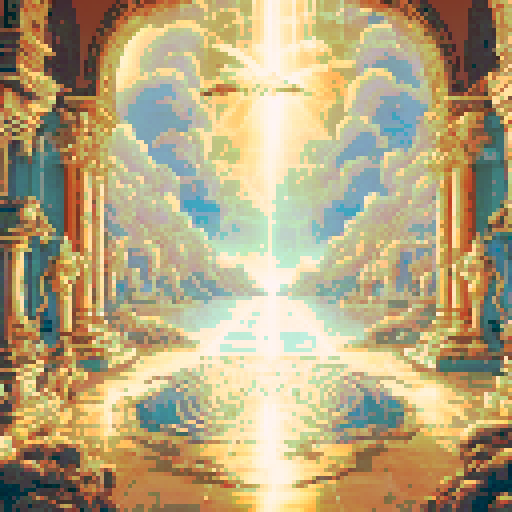 A divine battleground with a glowing marble floor inscribed with holy symbols. Angelic statues and golden light beams frame the space, with a serene, radiant atmosphere.