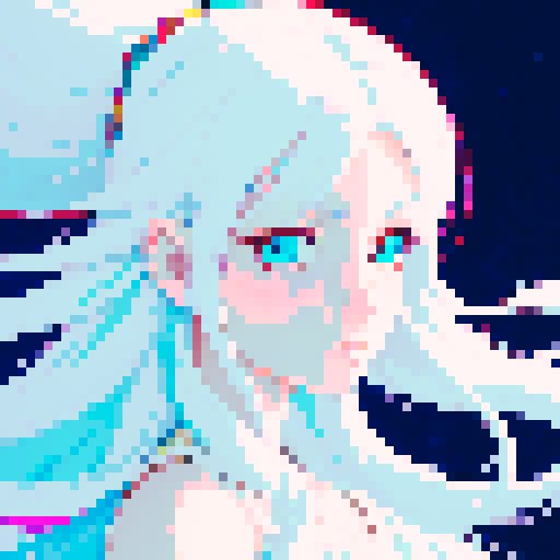 anime, pixel art, sRGB, girl with mesmerizing white hair, vibrant and contrasting colors, delicate and intricate details, expressive eyes, dynamic pose and flowing hair, whimsical and dreamlike atmosphere