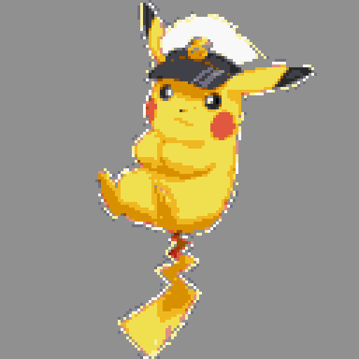 Create an image of Captain Pikachu standing balanced on his tail, showcasing agility. He wears a captain's hat tilted slightly forward over his narrowed eyes. A subtle smirk is on his face. Electric sparks crackle around his cheeks and tail. Focus on his physical details: the hat, the smirk, the tail-standing pose, and the electric sparks.