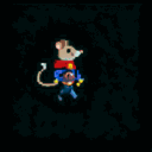 2D art style image of five mice dressed in a blue jacket, black trousers, golden belt and a red scarf running from left to right