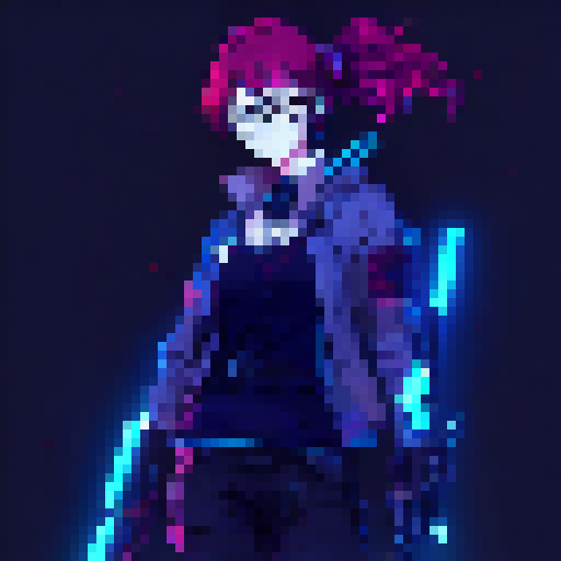 waifu, glasses , red hair , anime style, full body, with sword, blue and black neon background