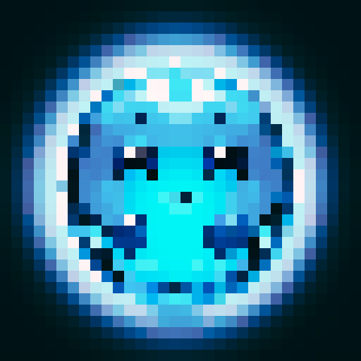 A mystical, semi-transparent blob with a glossy surface and a soft, ethereal glow. The body is a deep blue color with swirling, shimmering patterns inside. It has large, expressive eyes with star-like pupils and a serene smile. Small bubbles of various sizes float within its gelatinous form. No background.
