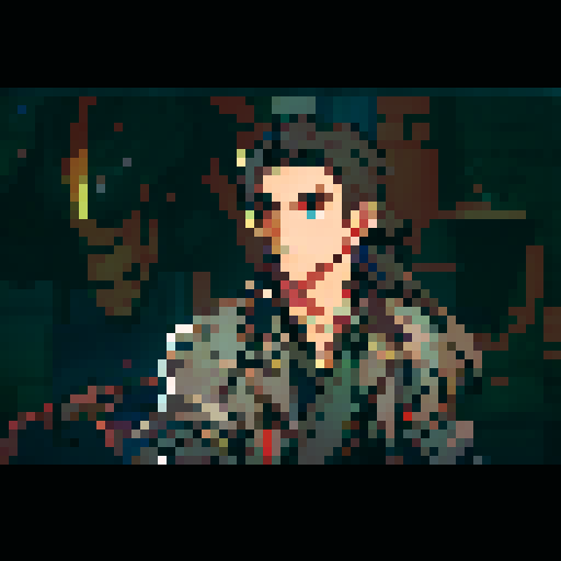 handsome man, long hair, vibrant colors, bold lines, pixelated details, sRGB color space, pixel art