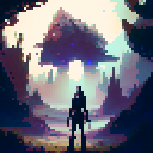 A brave adventurer stands at the center of the enchanted forest, wielding their iconic sword and shield Their determined gaze reveals their courage as they prepare to face their next challenge A mysterious cave entrance looms behind them, while towering trees create a lush green canopy overhead In the distance, a majestic mountain rises, all in a stunning anime style