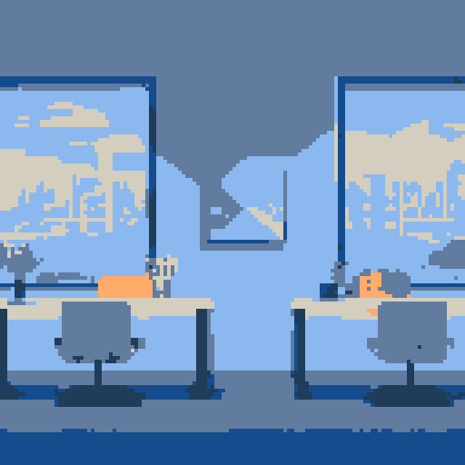 top down office, tables modern monitors, clean, minimalist