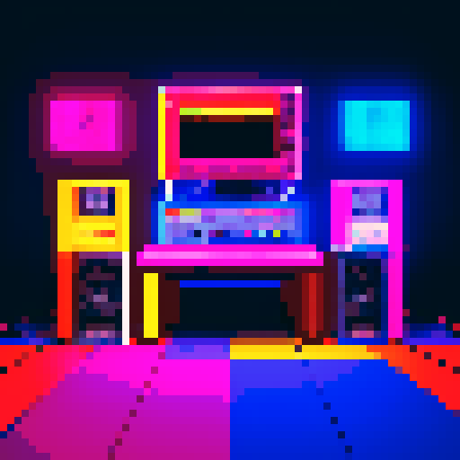 pa system, retro, 8-bit, vibrant colors, pixelated speakers, glowing buttons, horizontal lines, blocky typography, low resolution, neon lights, digital display, geometric shapes, arcade vibes, 80s aesthetic, electric blue, red and yellow, nostalgic