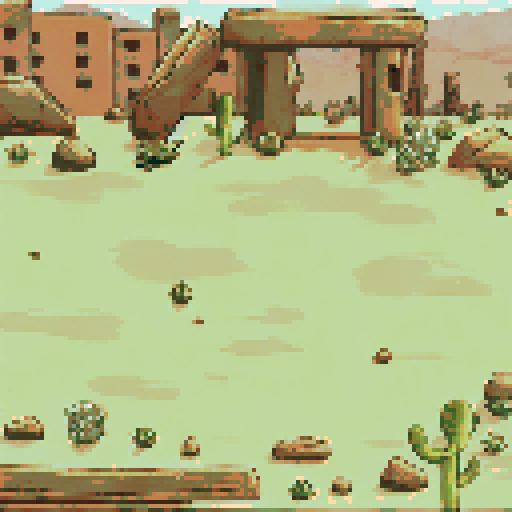 Arid desert terrain with sandy ground, scattered rocks, and patches of green cactus and shrubs. Ruins of ancient stone structures, including broken pillars, stand amidst dry, leafless trees. A backdrop of eroded cliffs and distant buildings adds depth, with warm, earthy tones dominating the scene under a pale sky.