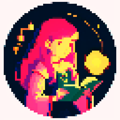 Pixel art illustration of a charming young witch with a boho vibe, reading a crystal ball, viewed from the client's perspective, mystical atmosphere with candles and stars.