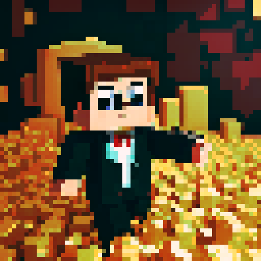 32*32 pixel art, 2d, cute-sy, small man minecraft-style image, very rich corporate man, sunglasses, surrounded by diamond, gold