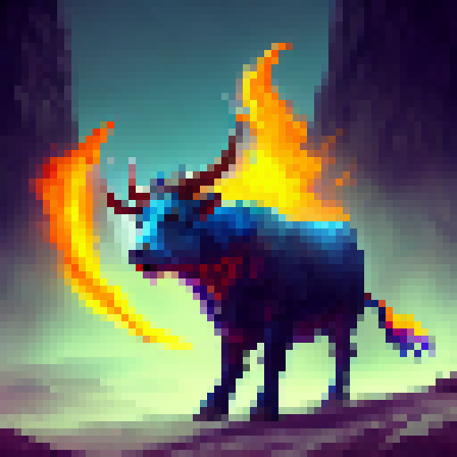 Bull with fiery blue horns and eyes, snorting flames from its nostrils, standing in a dark forest with magical runes etched into the ground and a full moon overhead, ready for battle in a Fantasy RPG.