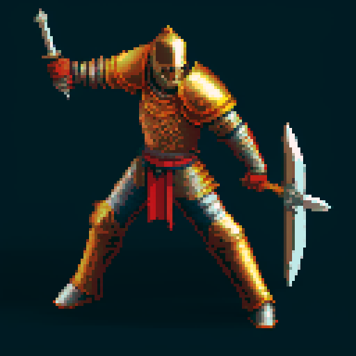 pixel art picture of a human male knight swinging a great sword with both hands, vibrant colors, detailed shading, and smooth lines, heavy armor, combat stance, muscular build, armored helmet, deep red and gold armor, detailed sword, detailed shading, smooth lines