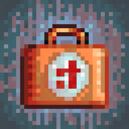 Medical kit with red cross symbol, band-aids, syringe, and pills, rendered in 32x32 pixel art style with vibrant colors and sharp edges, showcasing a close-up portrait of the kit as a game icon in skill art format