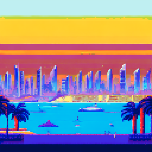 Monaco skyline at sunset, towering palm trees, sparkling ocean, grandstands filled with spectators cheering on their favorite racer, all depicted in retro pixel art style with a muted sRGB color palette