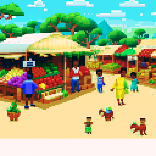 bustling African wholesale corridor, vibrant shelves, pixel art crates of food