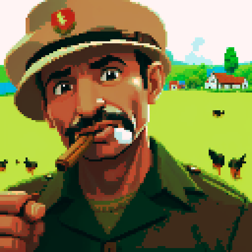 grizzled war veteran, cigar in mouth, grassy hill, jack russell terrier dog, peaceful farming village, pixel art, sRGB