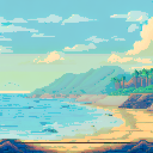 sunrise, calm ocean, horizon, rock columns, palm trees, clouds, pixel art, sRGB, beach, background, landscape

