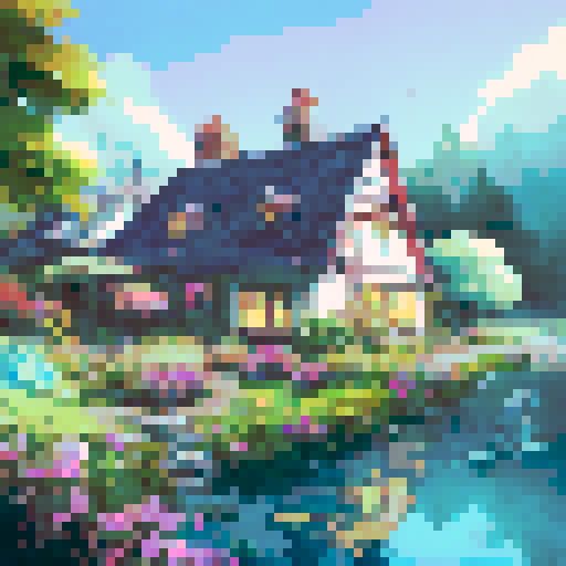 cottage nestled among lush greenery, serene river flowing gently, vibrant flowers blooming, towering trees surrounding, picturesque landscape portrait