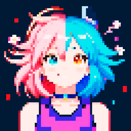 Anime inspired character with vibrant hair, expressive eyes, and a playful smile, surrounded by pixelated cherry blossoms and glowing neon lights, all rendered in the vibrant sRGB color space