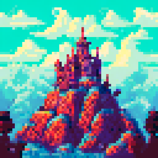 Gloomy temples with intricate carvings, towering over cramped streets lined with shrines, all set against a somber pixelated sRGB background of a cityscape