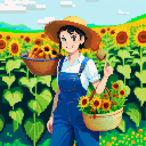 happy, female male farmer in pixel art style, black hair, surrounded by vibrant green fields, wearing worn-out denim overalls and a straw hat, holding a basket full of freshly harvested carrots and a bouquet of sunflowers, with a content smile on his face, standing next to a rustic wooden cart filled with colorful fruits and vegetables