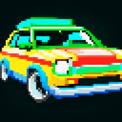 pixel car, vibrant colors, retro-inspired, low resolution, blocky shapes, sharp edges, 8-bit aesthetic, simplified details, limited color palette, high contrast, nostalgic vibe, dynamic motion, speed lines, pixelated exhaust fumes, shiny metallic finish, glossy reflections, pixelated headlights, sleek design, iconic silhouette, tiny pixel wheels, exaggerated proportions