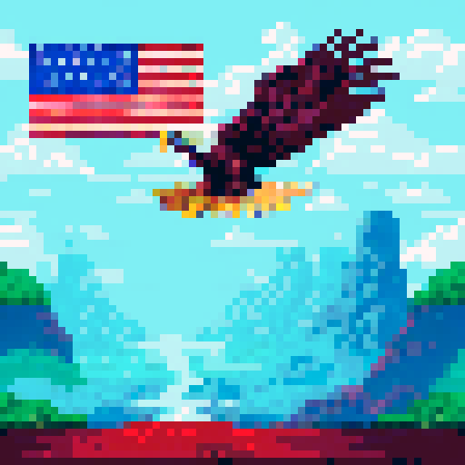 eagle, majestic, soaring, powerful wings, fierce gaze, American flag, patriotic colors, detailed feathers, vibrant background, scenic landscape, sRGB, pixel art