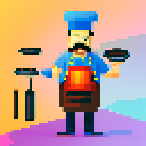 cooking chef with moustache, frying pan in hand, pixel art, vibrant sRGB colors
