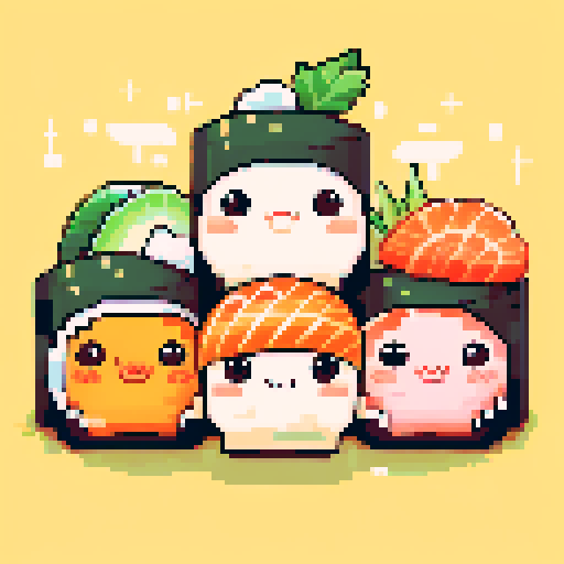 Cute kawaii sushi, colorful, pixelated, vibrant colors, sRGB