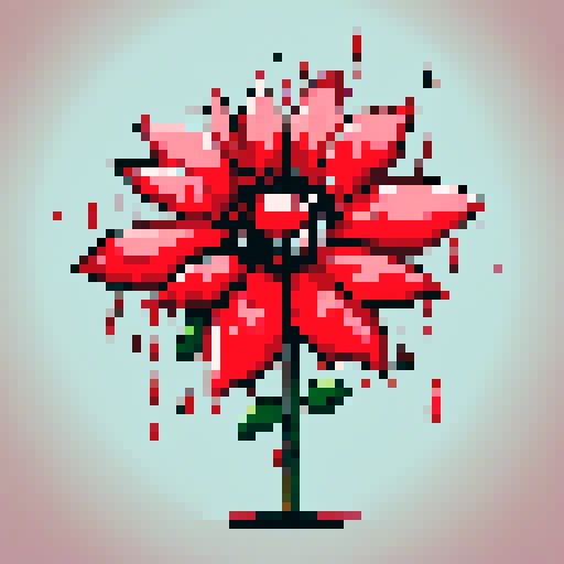 flower with vibrant red petals, oozing crimson droplets, adorned with sharp thorns, resting delicately on a handwritten love note, capturing the essence in pixel art with sRGB color space
