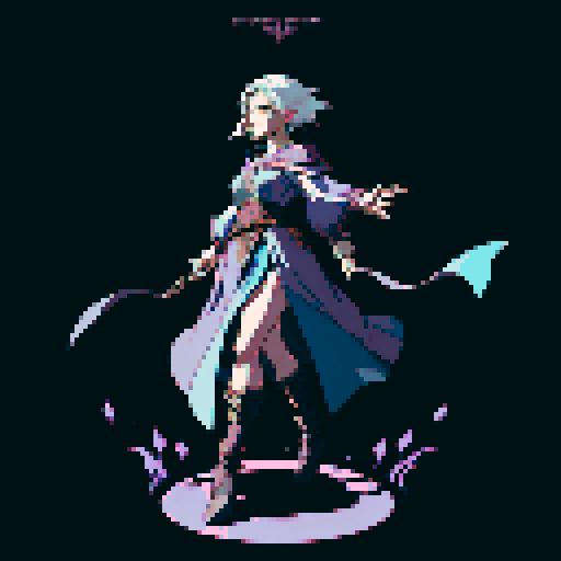 full-body image, sorceress facing right, sorceress ready to fight, evil sorceress, floating, arms out, magic circles, magic power, spell, evil sorceress, evil witch, magic symbols, ultimecia, final fantasy, sRGB, pixel art, evil outfit