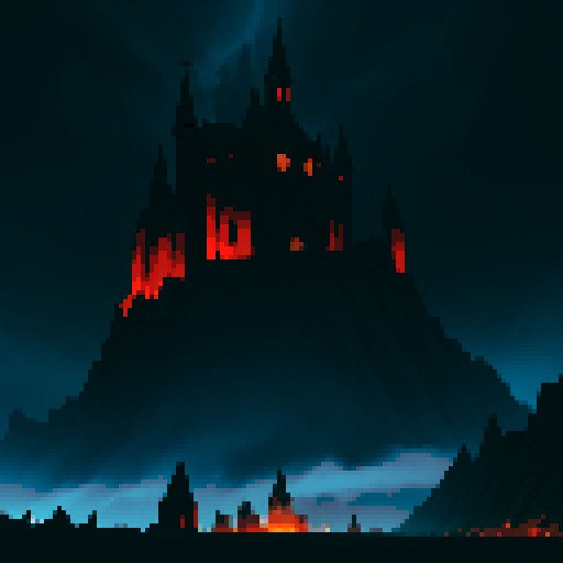 dark background, hellish background, black and blue colors, night, ruins, medieval castle, big evil castle, storm clouds, storming, lightning