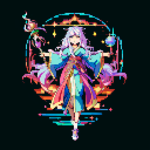 legendary anime girl wizard, long flowing hair, vibrant and dynamic colors, glowing magical staff, intricate and ornate robes, intense and focused expression looking to the right, not wearing shoes, sparkling and shimmering background, detailed and precise pixel art
