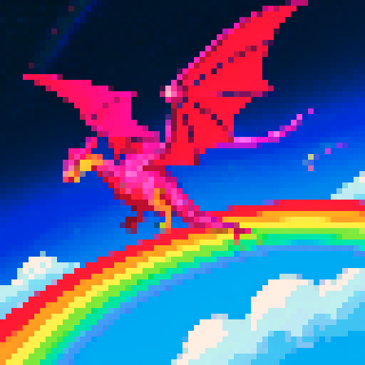 Dragon rider soaring through a vibrant, pixelated sky, with scales shimmering in a rainbow of sRGB colors