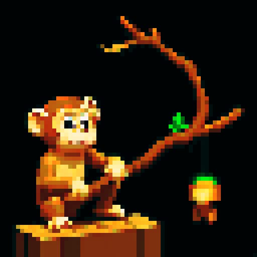 little monkey holding branch, wooden organ monkey squatting, staring at people, pixel art, sRGB